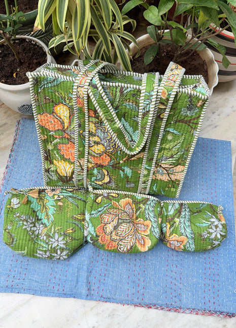 Mehandi Botanic Matching Tote and 3-Piece Washbag Set