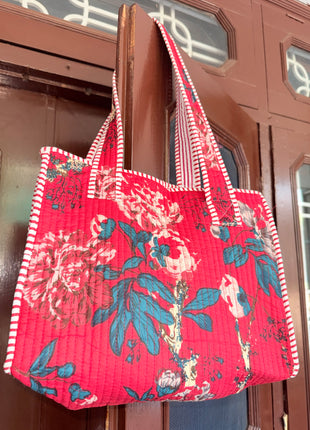Quilted Zip Mini Tote: Laal Gulmohar