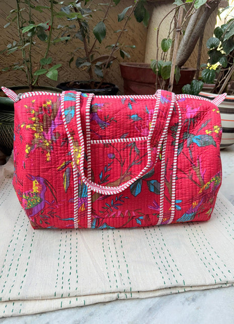 Red Chirping Birds Quilted Duffle