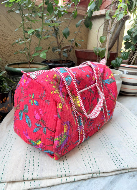 Red Chirping Birds Quilted Duffle