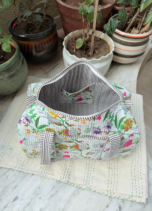 White Floral Paradise Quilted Duffle