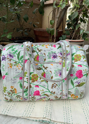 White Floral Paradise Quilted Duffle