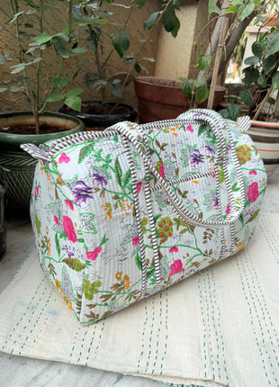 White Floral Paradise Quilted Duffle