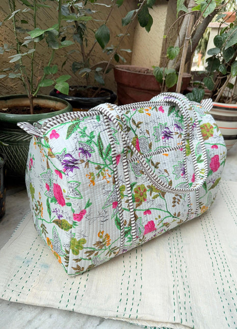 White Floral Paradise Quilted Duffle