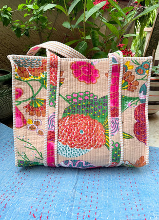 Cream Tropical Fruit Zipper Tote